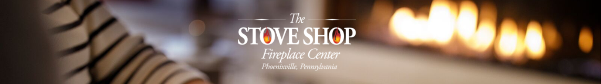The Stove Shop Fireplace Experts logo with gas fireplace service in the background