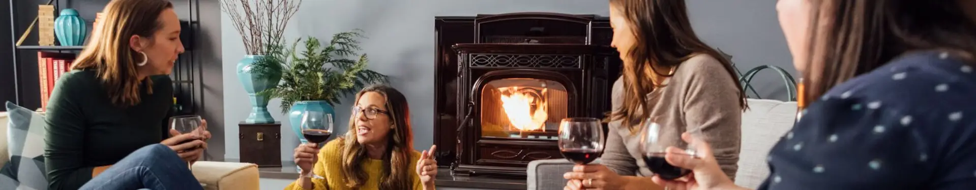 Lady friends sitting together in front of a Harman Accentra pellet fireplace insert