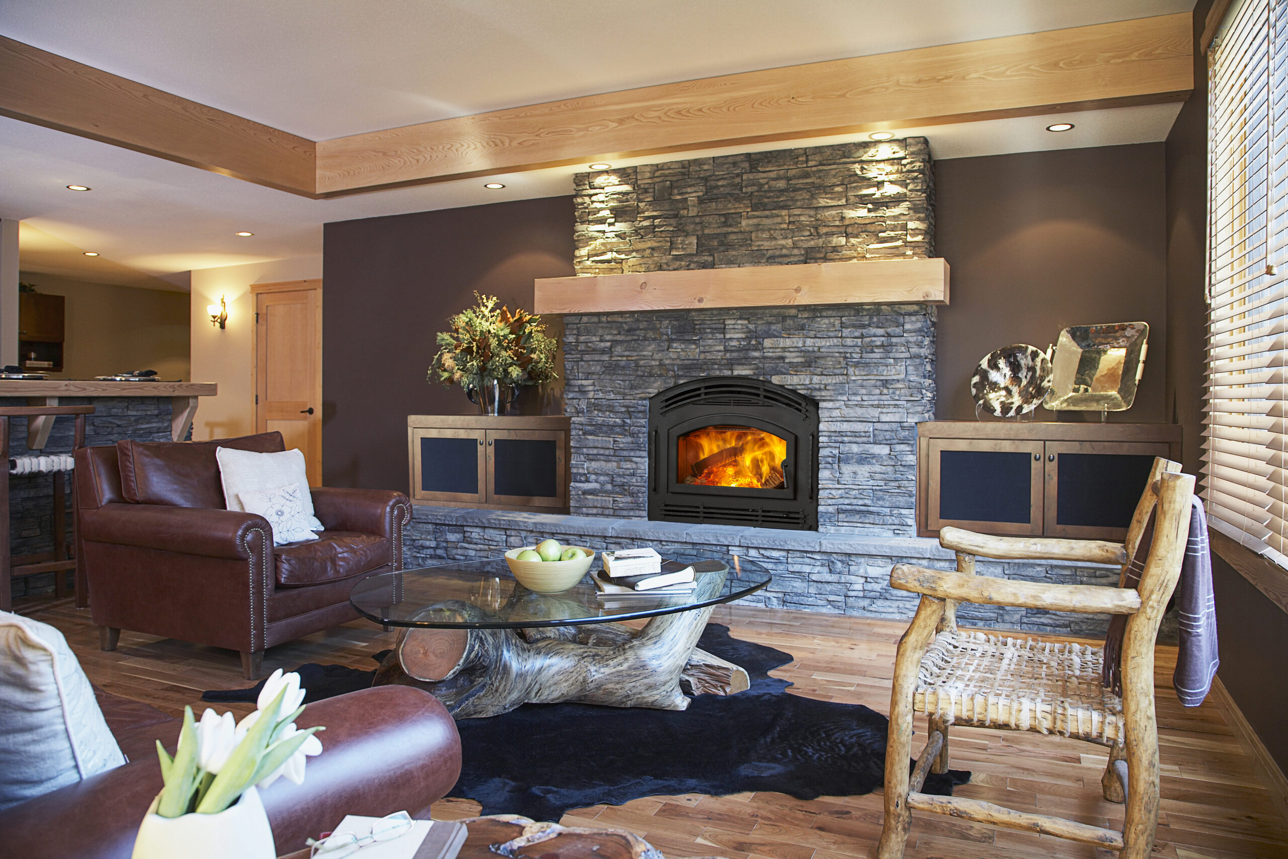 wood fireplace in living room