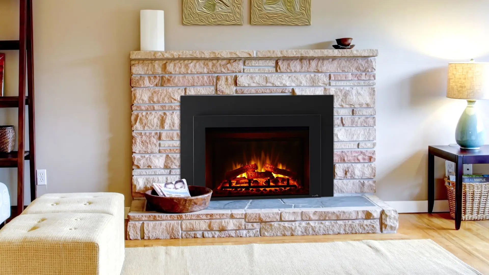 electric fireplace insert example in masonry fireplace