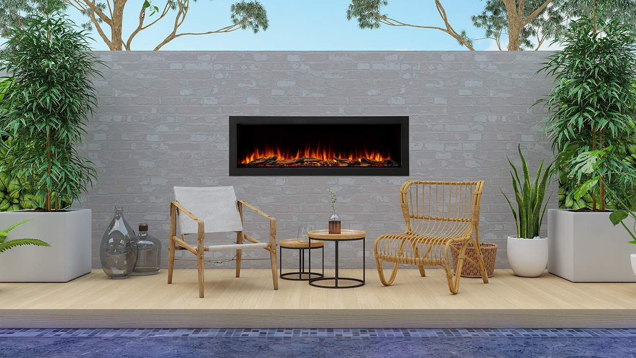 favorite outdoor electric fireplace simplifire forum linear electric fireplace on brick wall with framing and wicker chairs with mid century modern patio furniture