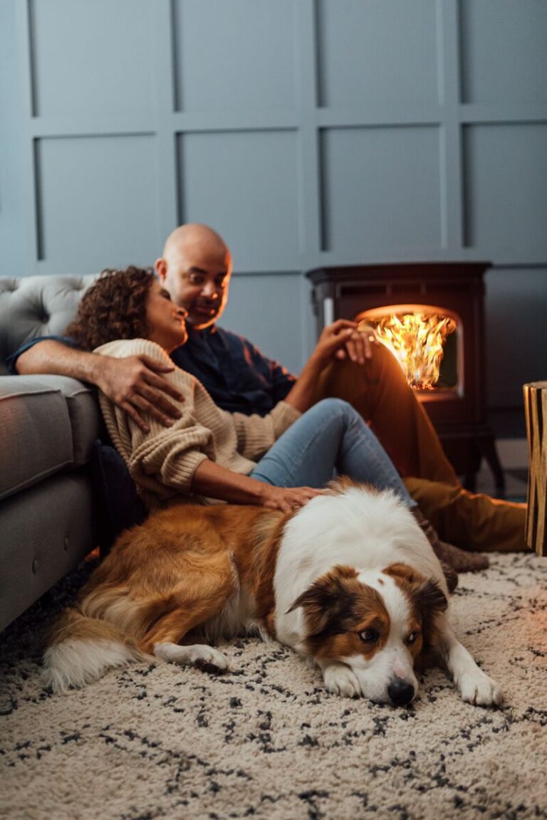 couple staying warm with their dog next to a harman pellet stove during the winter in their living room